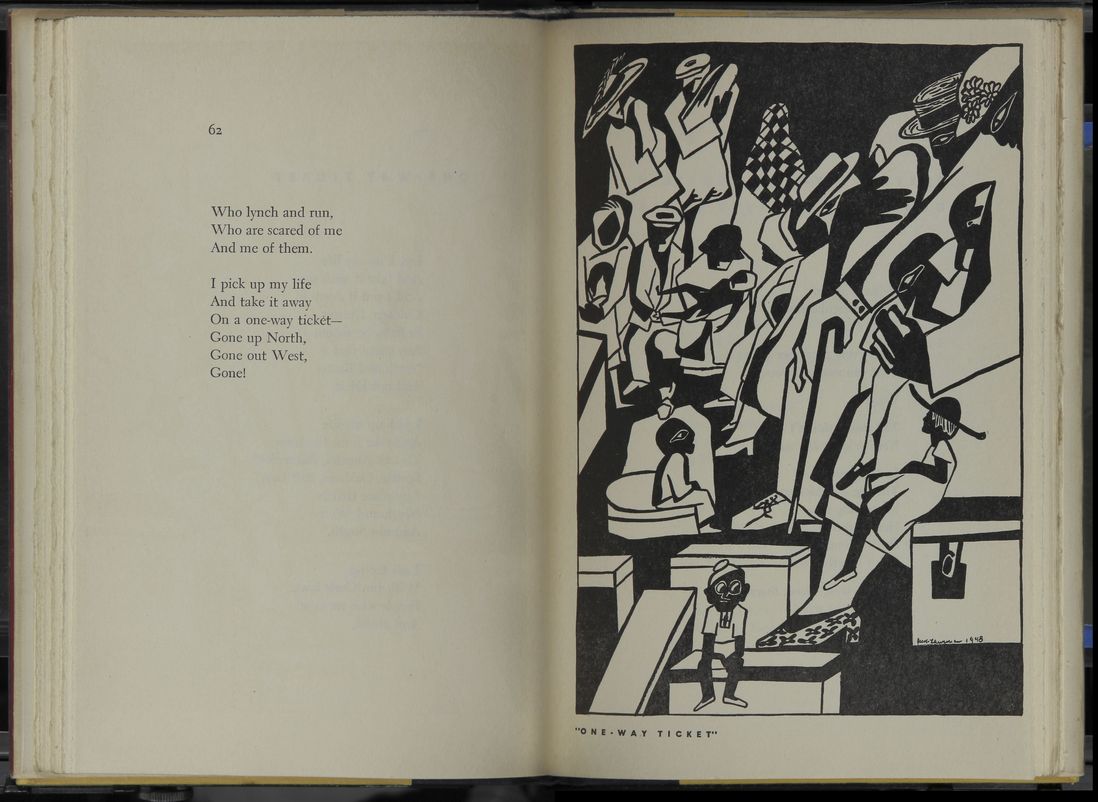 Spread from Langston Hughes, with woodcut by Jacob Lawrence. One Way Ticket. New York: A. A. Knopf, 1949. (The Jacob and Gwendolyn Knight Lawrence Foundation, Seattle / Artists Rights Society (ARS), New York.)